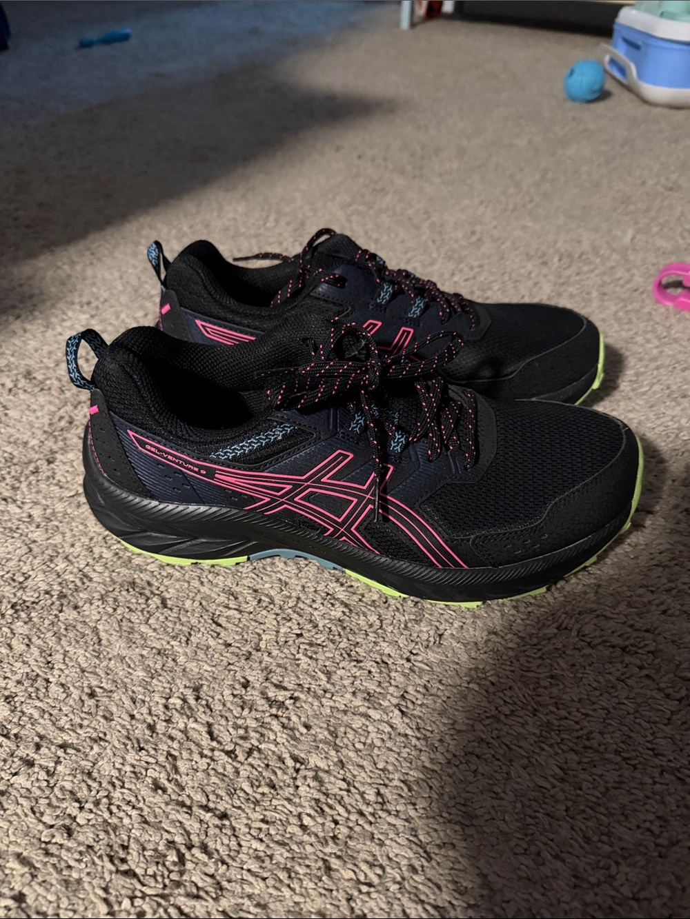Asics Women's Black Athletic Shoes with Pink Logo and Lime Outsole